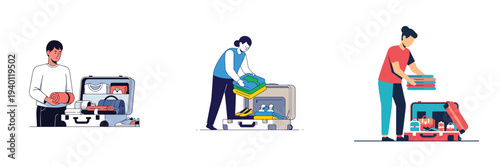A person packing a suitcase for travel, vector illustration, flat design, white background, minimalist, clean design.