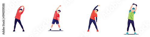 Flat style vector artwork of a person cooling down with stretching after exercise, clean minimalist design, white background.