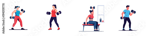 Modern flat vector illustration of a person performing a dumbbell exercise at home, minimalist aesthetic, white background.
