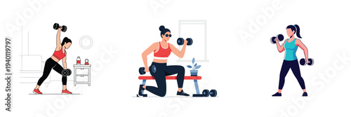 Modern flat vector illustration of a person performing a dumbbell exercise at home, minimalist aesthetic, white background.