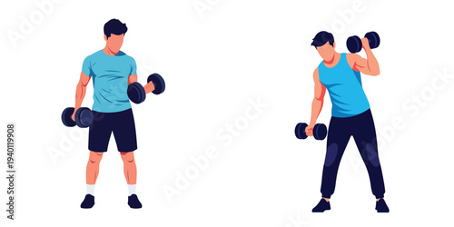 Modern flat vector illustration of a person performing a dumbbell exercise at home, minimalist aesthetic, white background.