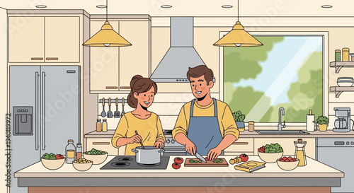 Couple Cooking Together in a Bright, Modern Kitchen