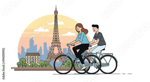 Couple Cycling in Paris with Eiffel Tower and Cityscape