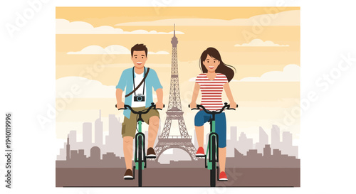 Couple cycling in Paris with Eiffel Tower background