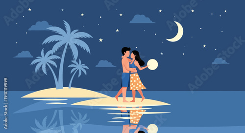Couple Dancing on Tropical Island Beach at Night Under Crescent Moon and Stars