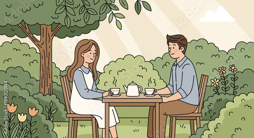 Couple enjoying tea in a lush garden, romantic outdoor date, serene summer day