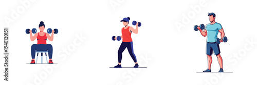 A set of person working out with dumbbells at home, vector illustration, flat style, minimalist, clean design, white background.