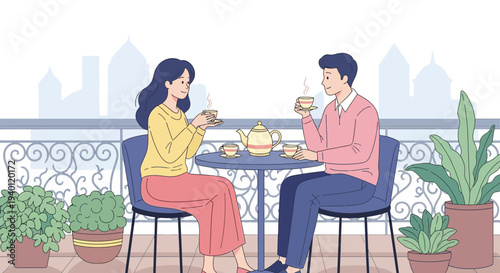 Couple Enjoying Tea on Balcony with Cityscape View