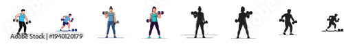 A set of person working out with dumbbells at home, vector illustration, flat style, minimalist, clean design, white background.