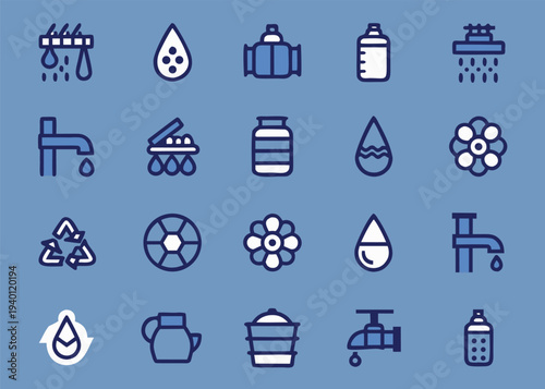 An array of twenty water-related line icons including recycling symbols, pitchers, and plumbing valves presented with white fills on a blue background.
