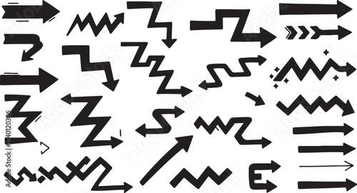 Collection of Black Hand Drawn Arrows and Directional Symbols on White Background vector illustration