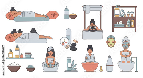 Spa and wellness illustrations featuring women relaxing and rejuvenating.