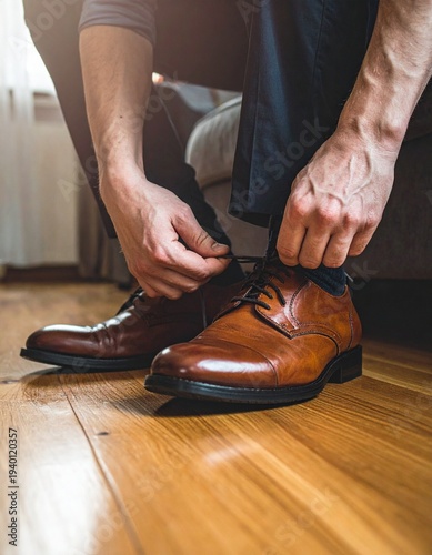 Untying Leather Shoe Laces on Wooden Floor End of Day