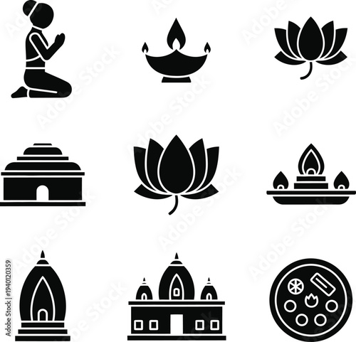 Buddhist and hindu religious symbols and icons