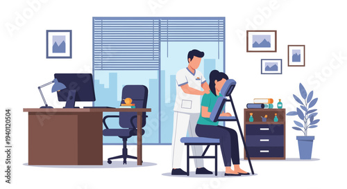 Doctor examining patient in a modern office setting with professional equipment.