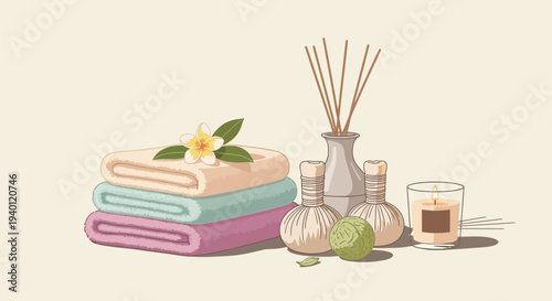 Spa day concept with towels and aromatherapy accessories.