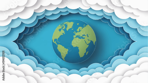 Earth globe surrounded by blue and white clouds symbolizing environmental protection and global awareness in a stylized illustration