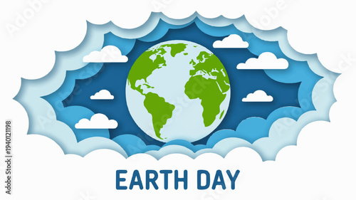 Earth day celebration with green globe and blue cloudy sky background