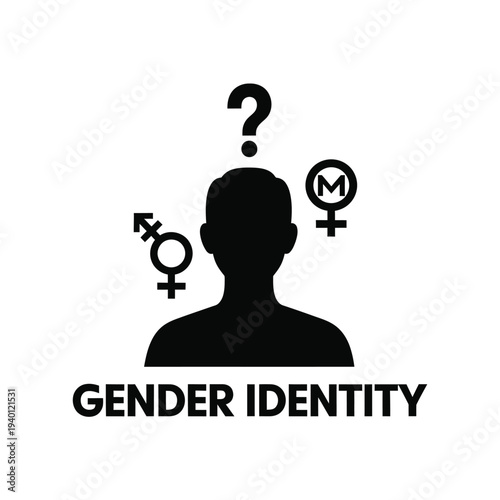 A silhouette of a head is surrounded by gender symbols and a question mark representing the complexities of gender identity high quality professional detailed