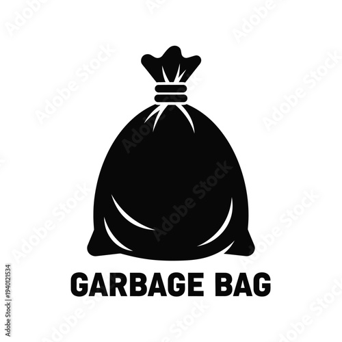 A simple black silhouette depicts a full garbage bag with a tied top accompanied by the text garbage bag below high quality professional detailed