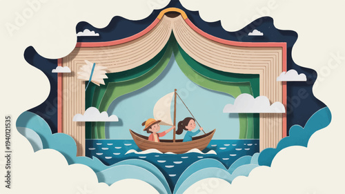 Romantic couple sailing on serene ocean waters under colorful curtains and clouds