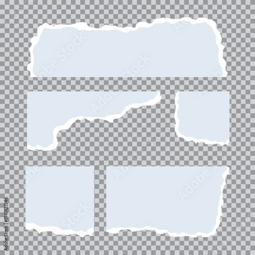Torn white paper pieces of different shapes into blank frames with ripped, rough white edges. Blank notes collection vector illustration