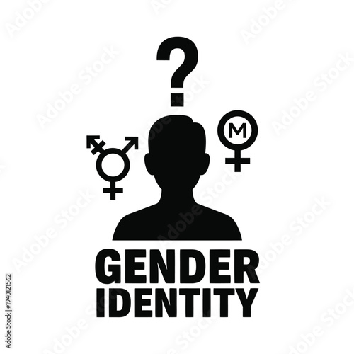 This graphic depicts a silhouetted head with gender symbols surrounding it questioning gender identity and societal norms high quality professional detailed modern elegant stylish