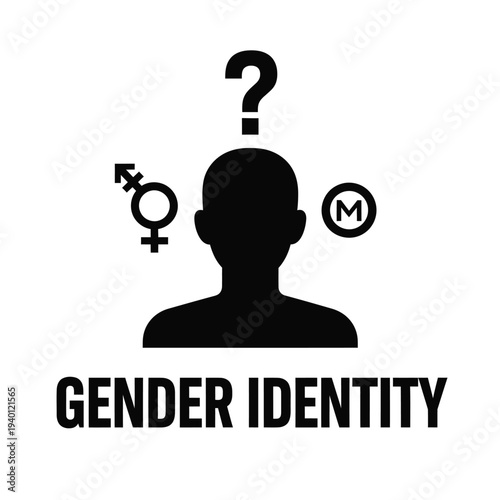 A black silhouette of a human head is surrounded by gender symbols a question mark and the words gender identity high quality professional detailed