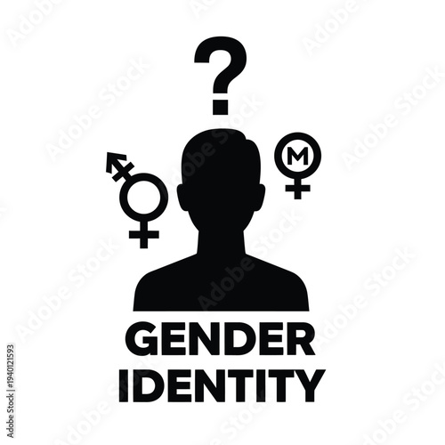 A silhouetted human head is surrounded by gender symbols a question mark and the text gender identity below high quality professional detailed modern elegant