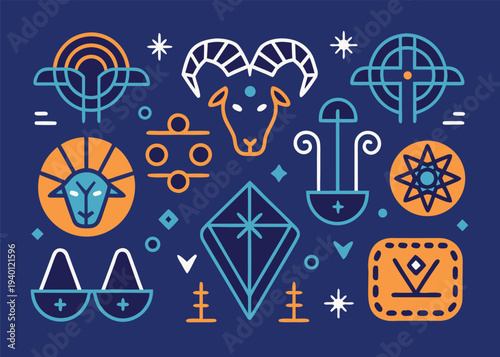 Various abstract geometric symbols and ram head illustrations are arranged in a balanced composition on a dark blue background for modern graphic design.