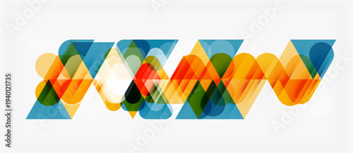 Abstract geometric shapes overlap, creating colorful wave pattern. Orange, blue, green hues dominate composition. Modern design element.