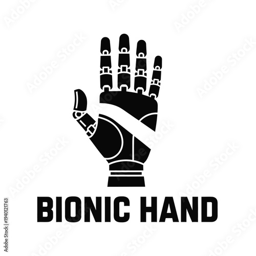 A stark black silhouette depicts a robotic hand partially wrapped in bandages with the text bionic hand below it high quality professional detailed modern