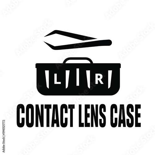 A black and white graphic depicts a contact lens case with tweezers above it and bold text labeling the object high quality professional detailed