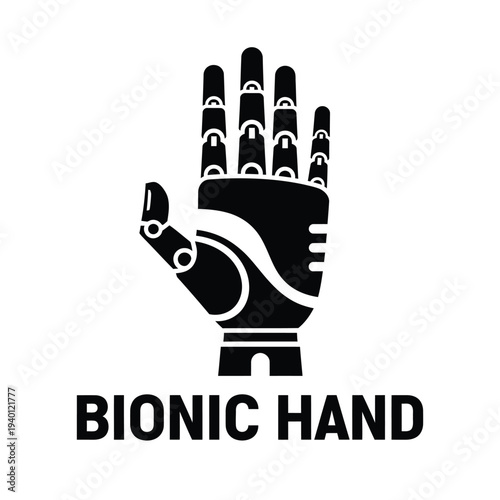 A detailed illustration showcases a black bionic hand with visible mechanical components set against a white background with text high quality professional modern elegant