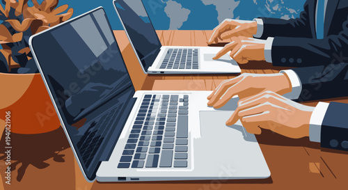 Illustrative depiction of two business people engaged in focused laptop work, highlighting professional collaboration and technological integration in a global setting.