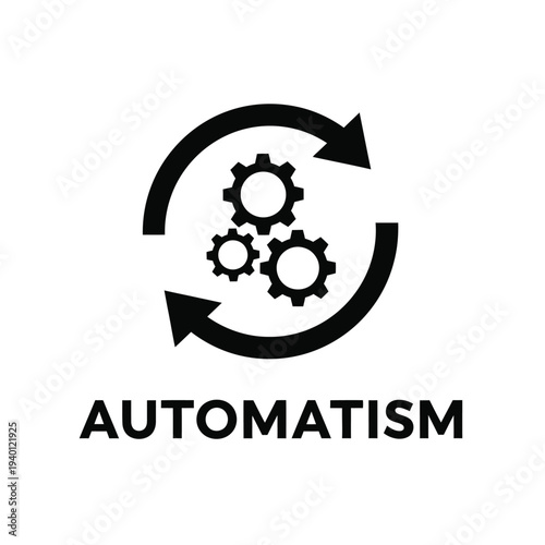 Obraz na plátně A black and white graphic depicts a circular arrow encompassing three gears alon
