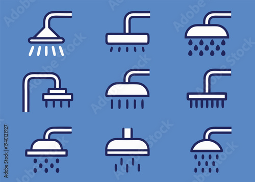 Nine dark blue and white minimalist outline icons of various bathroom shower heads are arranged in a grid on a light blue background.