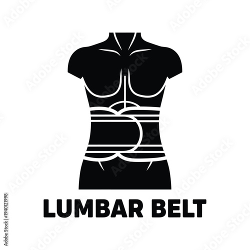 A stark black silhouette depicts a torso with a lumbar support belt wrapped around the midsection labeled below high quality professional detailed modern elegant