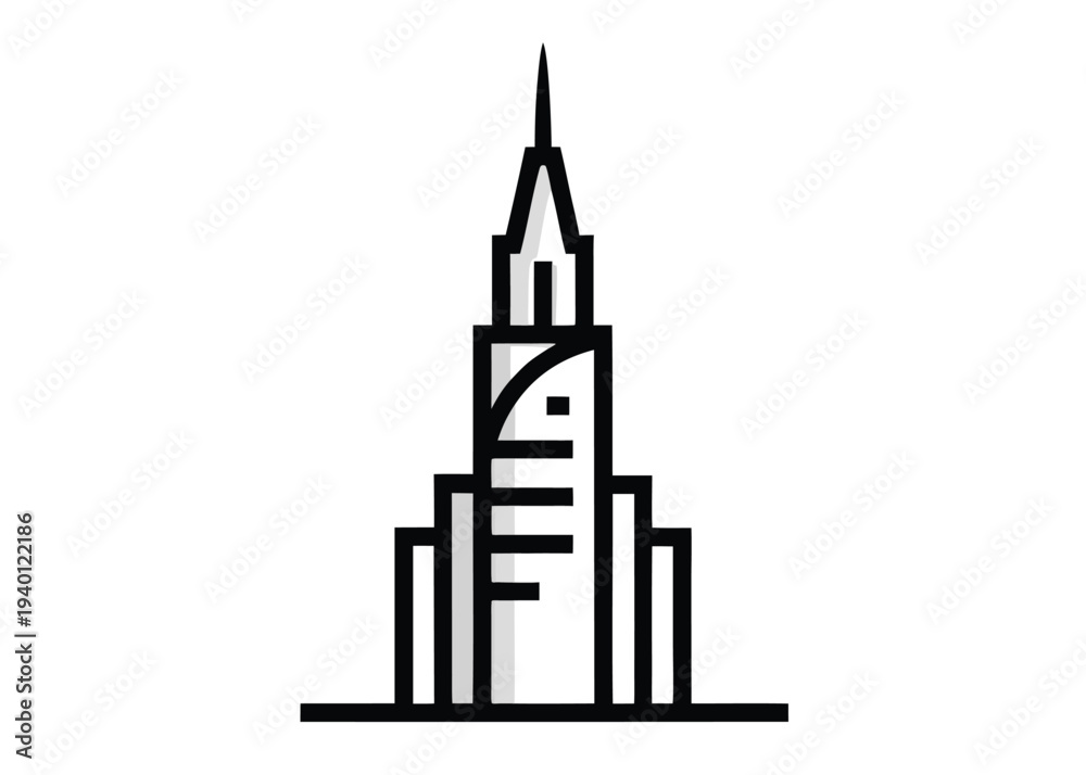 Fototapeta premium A stylized skyscraper illustration with tiered sections and a grey shadow on its left side is centered on a horizontal black line.