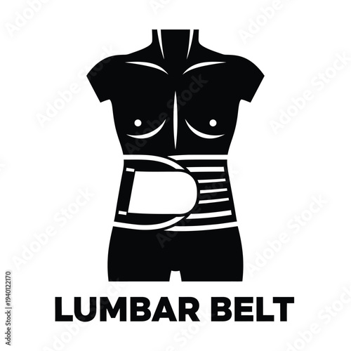 A stark black silhouette depicts a muscular torso with a visible lumbar support belt and text labels the item high quality professional detailed modern