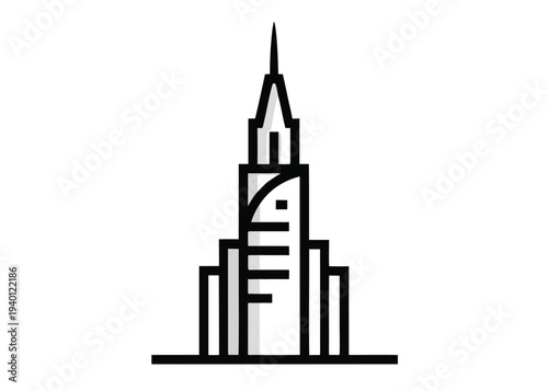 A stylized skyscraper illustration with tiered sections and a grey shadow on its left side is centered on a horizontal black line.