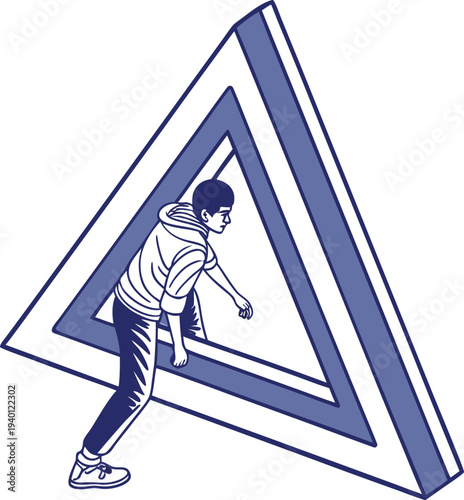 Vector illustration of man trapped in infinite triangle maze