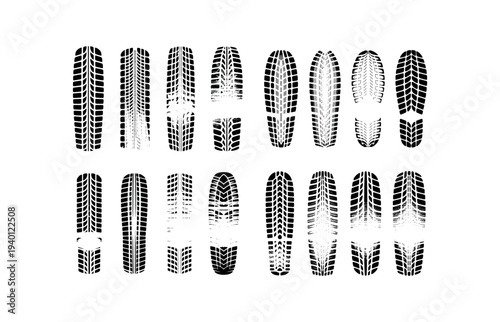 Tire Tracks and Footprint Impressions on White Background illustration