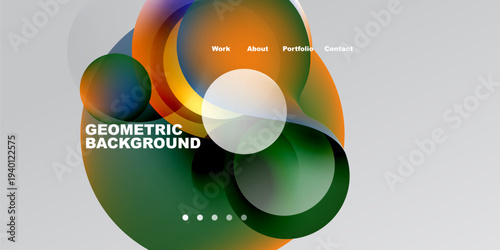 Abstract design features flowing shapes, gradients. Text includes work, about, portfolio, contact. Geometric background dominates visual space.