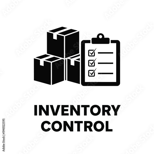 A black glyph depicts stacked cardboard boxes alongside a clipboard with checkmarks symbolizing inventory control and logistics high quality professional detailed modern elegant stylish