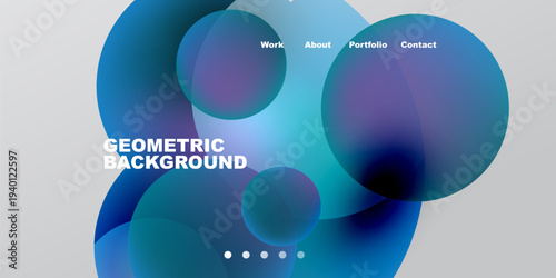 Abstract design features overlapping blue circles. Text labels include work, about, portfolio, contact. Geometric background visible. Simple dots below.
