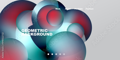 Abstract geometric shapes overlap. Red, blue hues dominate dark background. Minimalist design includes navigation menu, dots below.