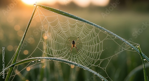 Close-up of a dew-covered spider web in a natural outdoor setting at sunrise