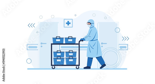 Healthcare worker in hazmat suit pushing cart with medical supplies in hospital corridor