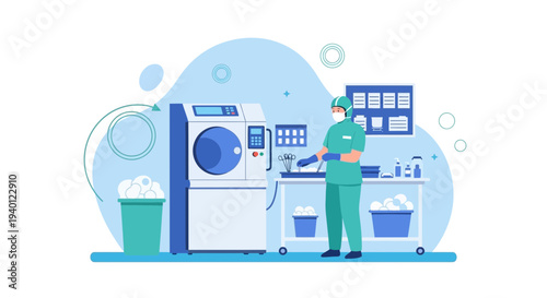 Healthcare worker in protective gear operating laundry machine in hospital cleanroom